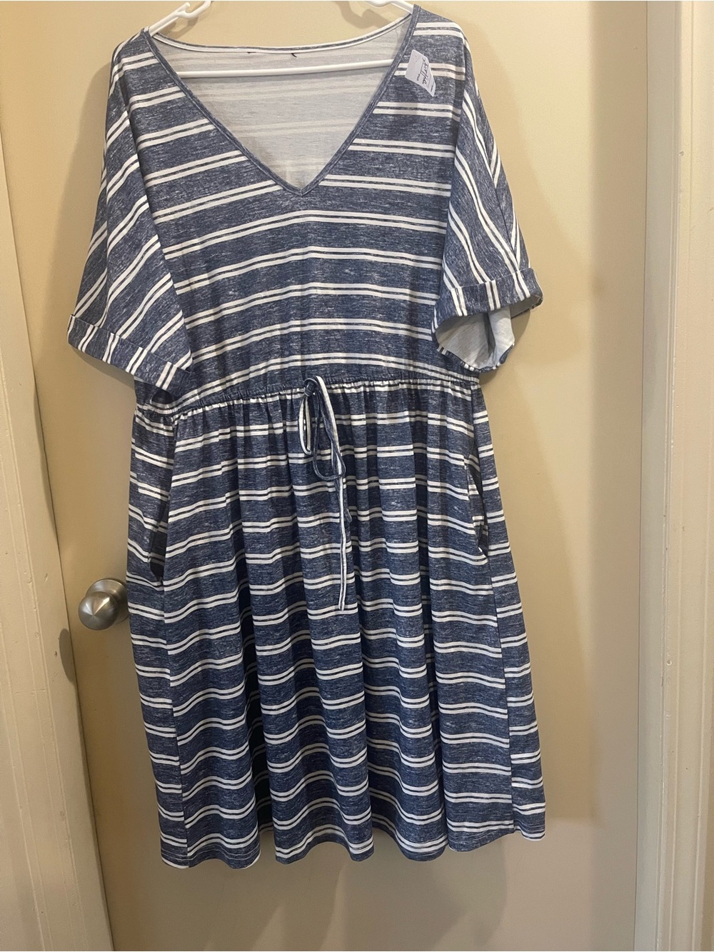 BloomChic Blue & White Striped V-Neck Drawstring women’s dress